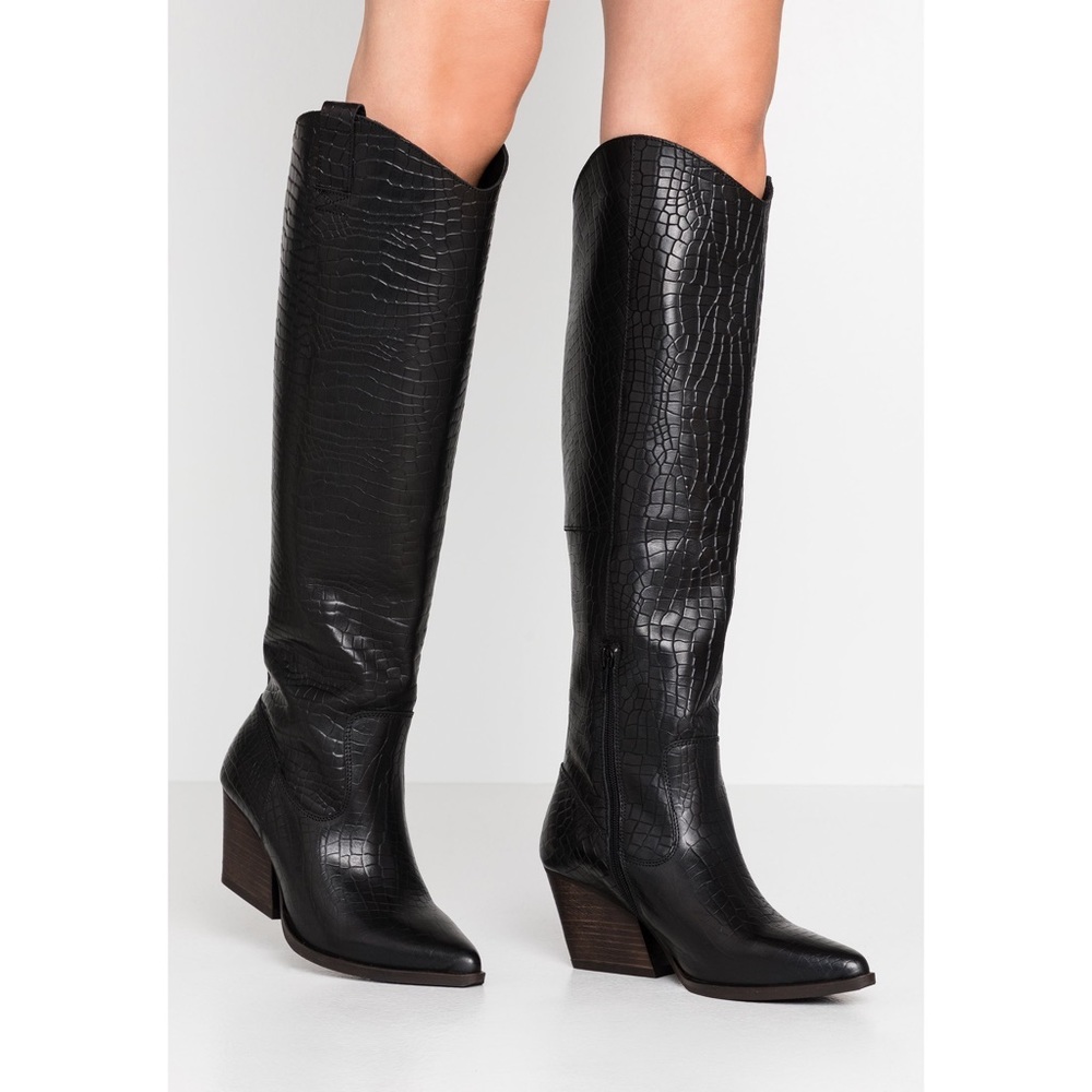 Bullboxer Brown Croc Embossed Leather Knee High Cowboy Biker Boots Size 8/38